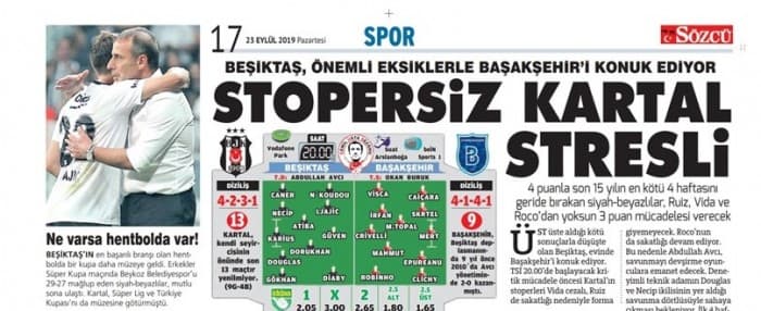 Beşiktaş-Başakşehir maçı öncesi gazete manşetleri! (23.09.2019)