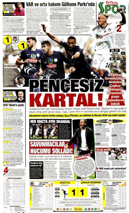 Beşiktaş-Ç.Rizespor maçının ardından gazete manşetleri (01.09.2019)