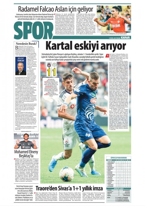 Beşiktaş-Ç.Rizespor maçının ardından gazete manşetleri (01.09.2019)