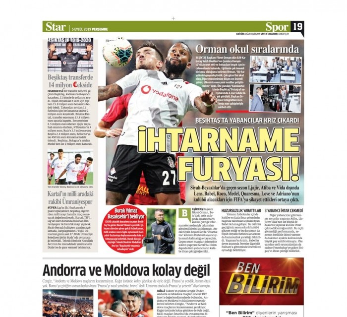 Gazetelerde günün Beşiktaş manşetleri! (05.09.2019)