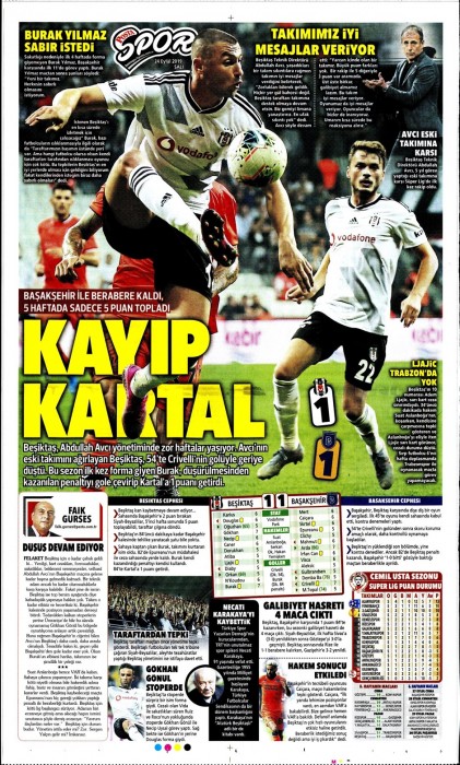 Beşiktaş-Başakşehir maçının ardından gazete manşetleri! (24.09.2019)