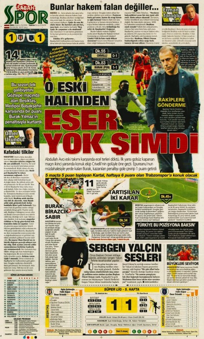 Beşiktaş-Başakşehir maçının ardından gazete manşetleri! (24.09.2019)