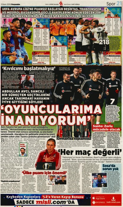 Gazetelerde günün Beşiktaş manşetleri! (03.10.2019)